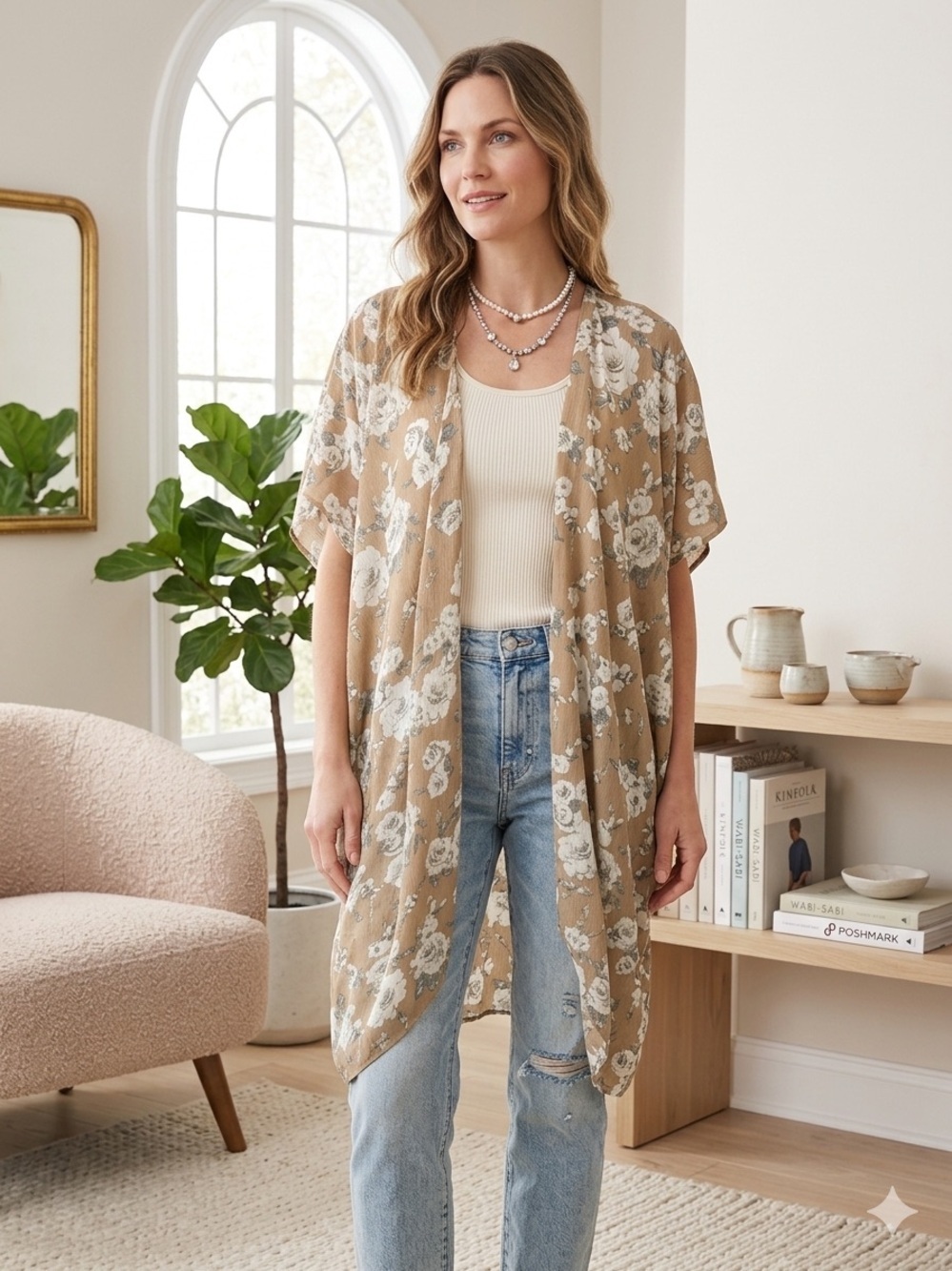 David & Young Floral Print Open Cardigan/Kimono - Size L NWT